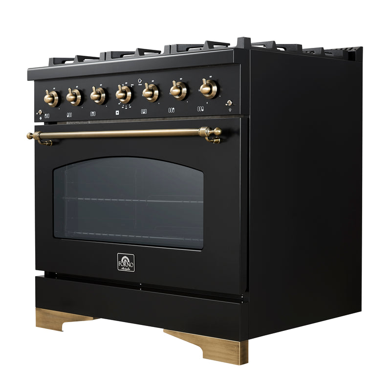 Load image into Gallery viewer, Forno Antico 36-inch Dual Fuel Range, Black and Antique Brass, 6 Burners, 4.5 cu.ft. Convection Oven
