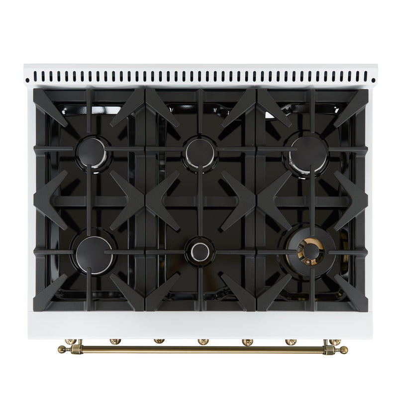 Load image into Gallery viewer, Forno Antico 36-inch Dual Fuel Range White and Antique Brass Design with 6 Sealed Gas Burners and Electric Convection Oven
