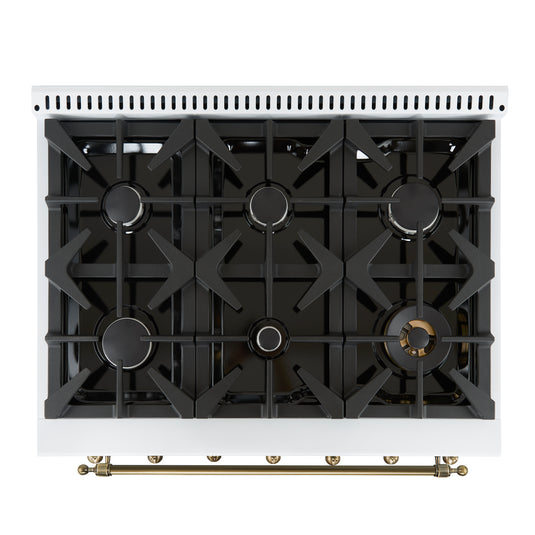 Forno Antico 36-inch Dual Fuel Range White and Antique Brass Design with 6 Sealed Gas Burners and Electric Convection Oven