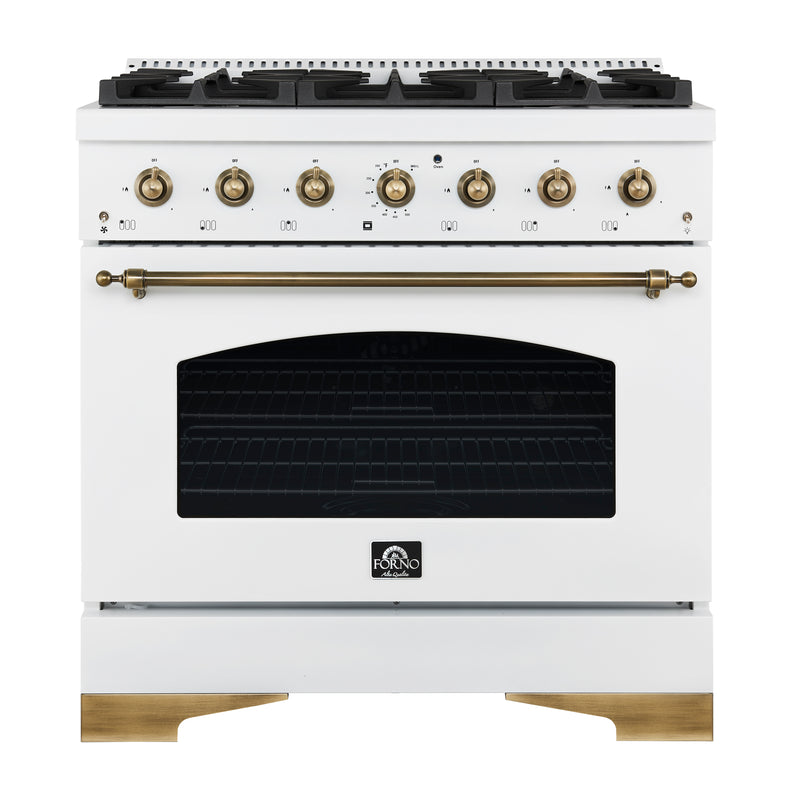 Load image into Gallery viewer, Forno Antico 36-inch Dual Fuel Range White and Antique Brass Design with 6 Sealed Gas Burners and Electric Convection Oven
