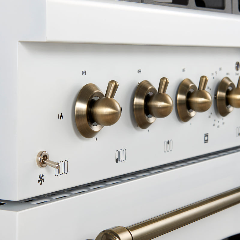 Load image into Gallery viewer, Forno Antico 36-inch Dual Fuel Range White and Antique Brass Design with 6 Sealed Gas Burners and Electric Convection Oven
