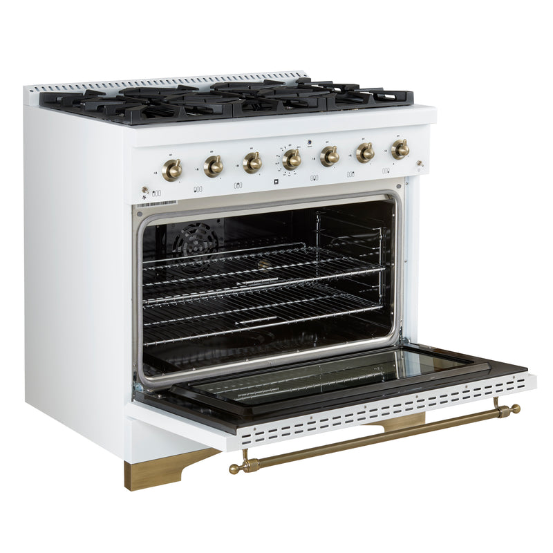 Load image into Gallery viewer, Forno Antico 36-inch Dual Fuel Range White and Antique Brass Design with 6 Sealed Gas Burners and Electric Convection Oven
