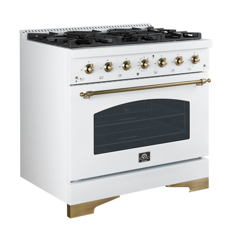 Load image into Gallery viewer, Forno Antico 36-inch Dual Fuel Range White and Antique Brass Design with 6 Sealed Gas Burners and Electric Convection Oven
