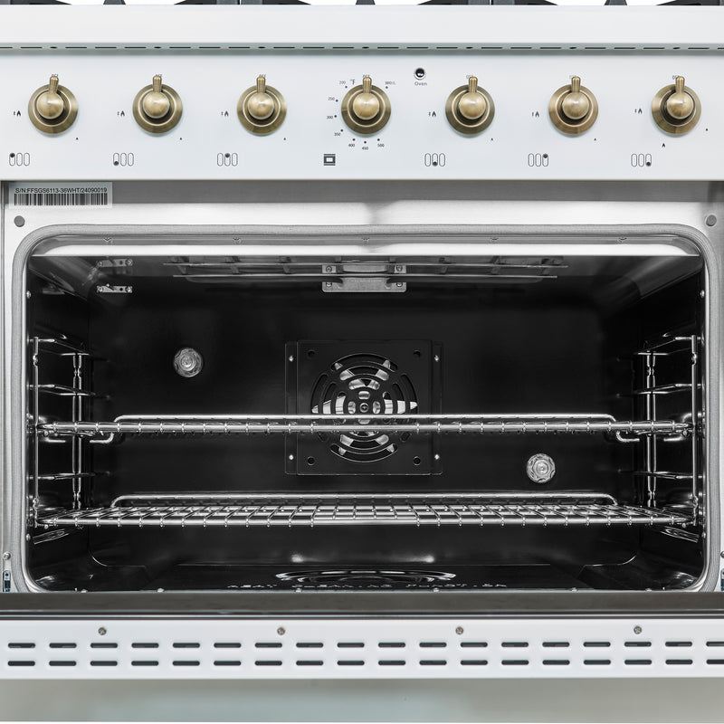 Load image into Gallery viewer, Forno Antico 36-inch Dual Fuel Range White and Antique Brass Design with 6 Sealed Gas Burners and Electric Convection Oven

