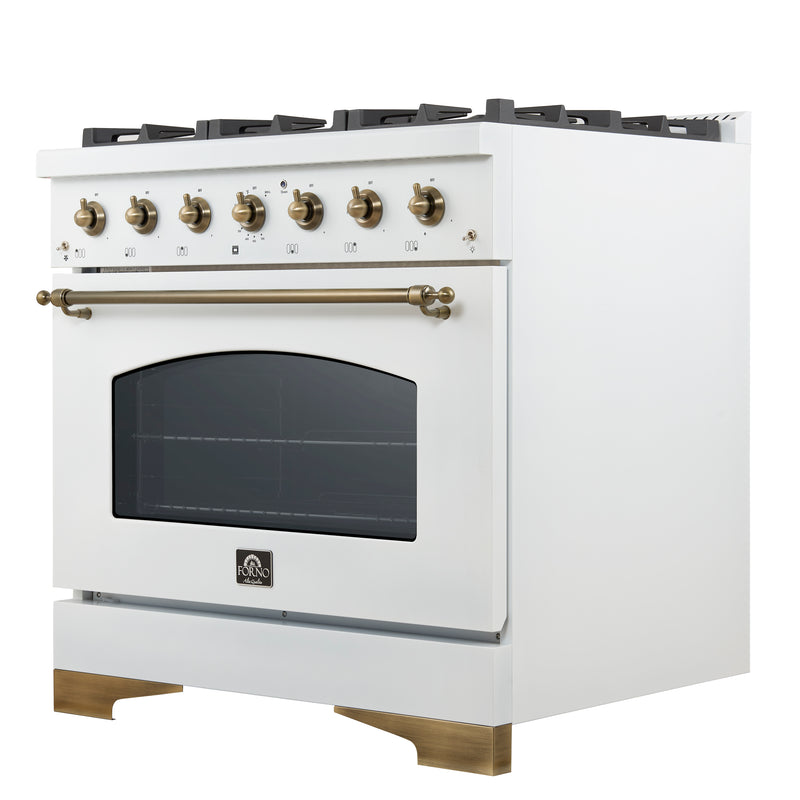 Load image into Gallery viewer, Forno Antico 36-inch Dual Fuel Range White and Antique Brass Design with 6 Sealed Gas Burners and Electric Convection Oven
