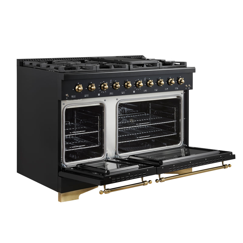 Load image into Gallery viewer, Forno Antico 48-Inch Dual Fuel Range, Black with Antique Brass Finish, 8 Burners, 94,000 BTU, 5.5 cu.ft. Double Ovens &amp; Griddle

