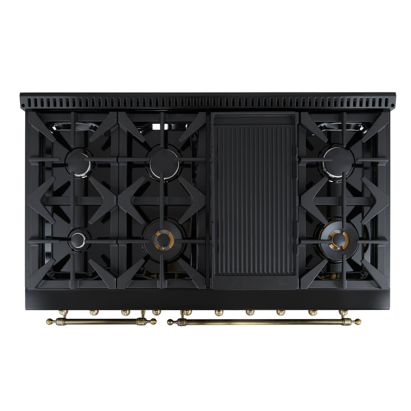 Load image into Gallery viewer, Forno Antico 48-Inch Dual Fuel Range, Black with Antique Brass Finish, 8 Burners, 94,000 BTU, 5.5 cu.ft. Double Ovens &amp; Griddle
