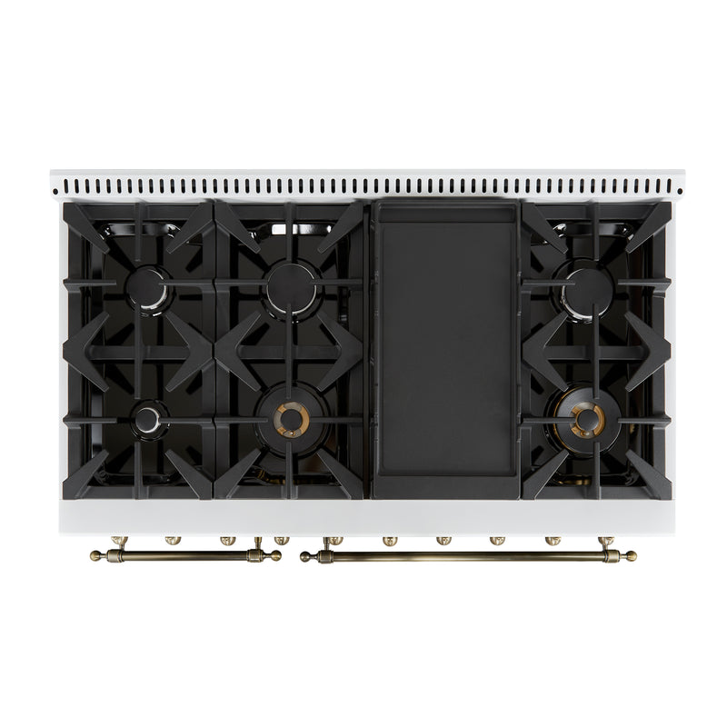 Load image into Gallery viewer, Forno Antico 48-Inch Dual Fuel Range, White with Antique Brass Finish, 8 Burners, 94,000 BTU, 5.5 cu.ft. Double Ovens &amp; Griddle
