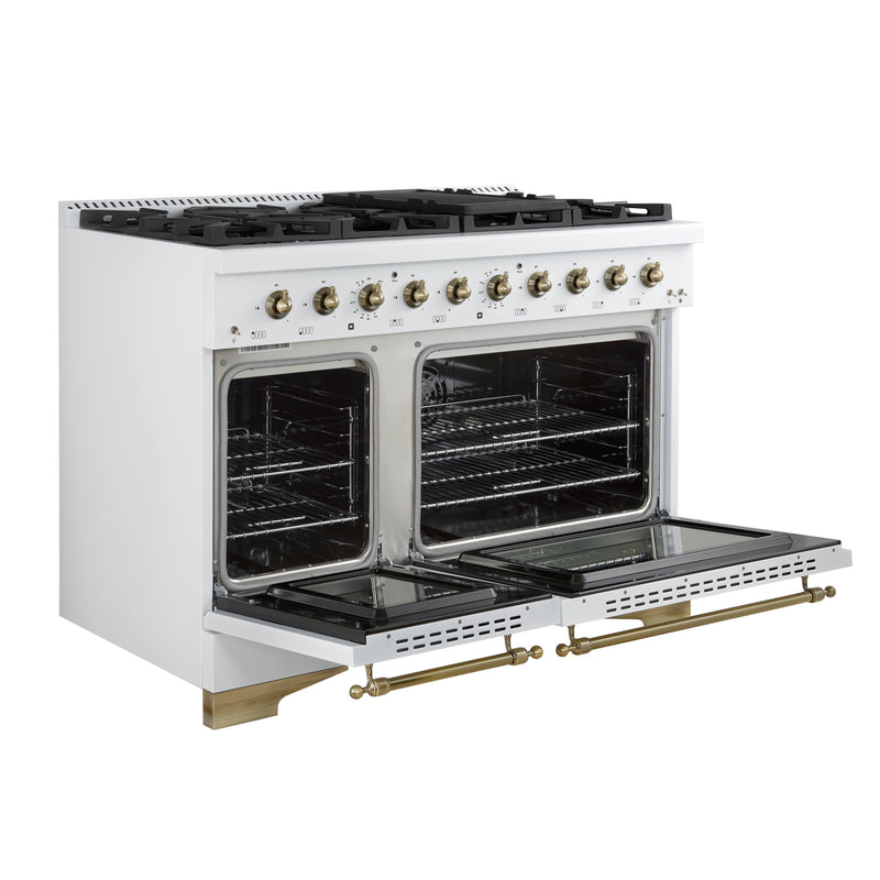 Load image into Gallery viewer, Forno Antico 48-Inch Dual Fuel Range, White with Antique Brass Finish, 8 Burners, 94,000 BTU, 5.5 cu.ft. Double Ovens &amp; Griddle
