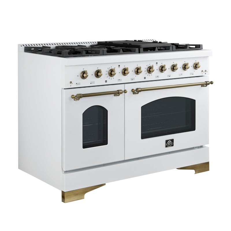 Load image into Gallery viewer, Forno Antico 48-Inch Dual Fuel Range, White with Antique Brass Finish, 8 Burners, 94,000 BTU, 5.5 cu.ft. Double Ovens &amp; Griddle
