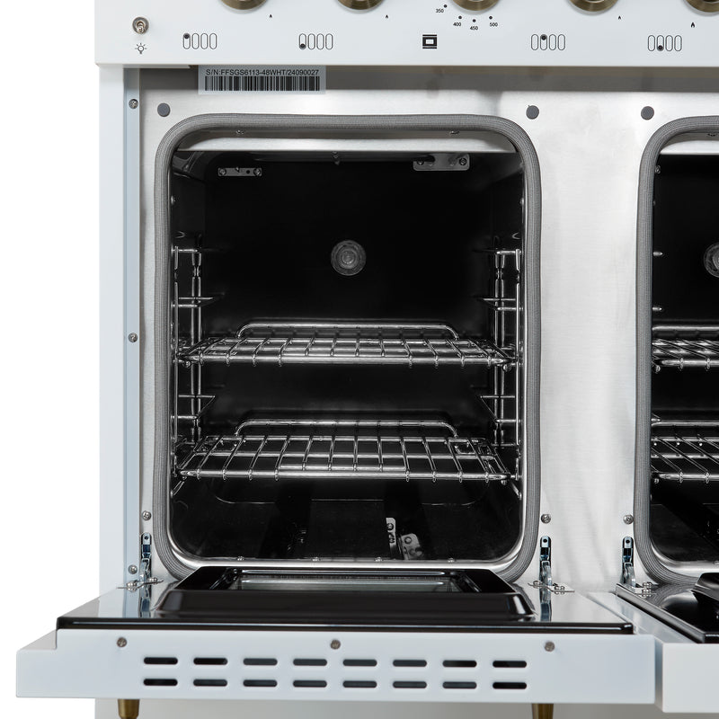 Load image into Gallery viewer, Forno Antico 48-Inch Dual Fuel Range, White with Antique Brass Finish, 8 Burners, 94,000 BTU, 5.5 cu.ft. Double Ovens &amp; Griddle
