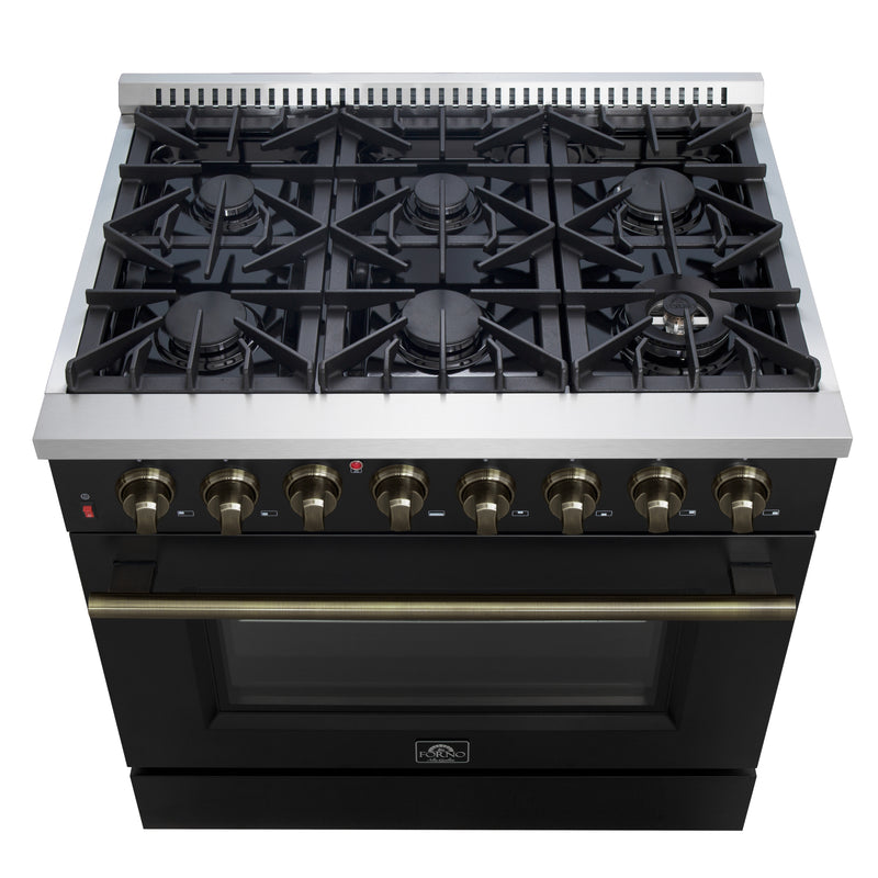 Load image into Gallery viewer, Forno Galiano 36-inch Dual Fuel Range in Black &amp; Antique Brass Design, 6 Sealed Burners 83,000 BTU, 5.36 cu.ft. True Convection Oven
