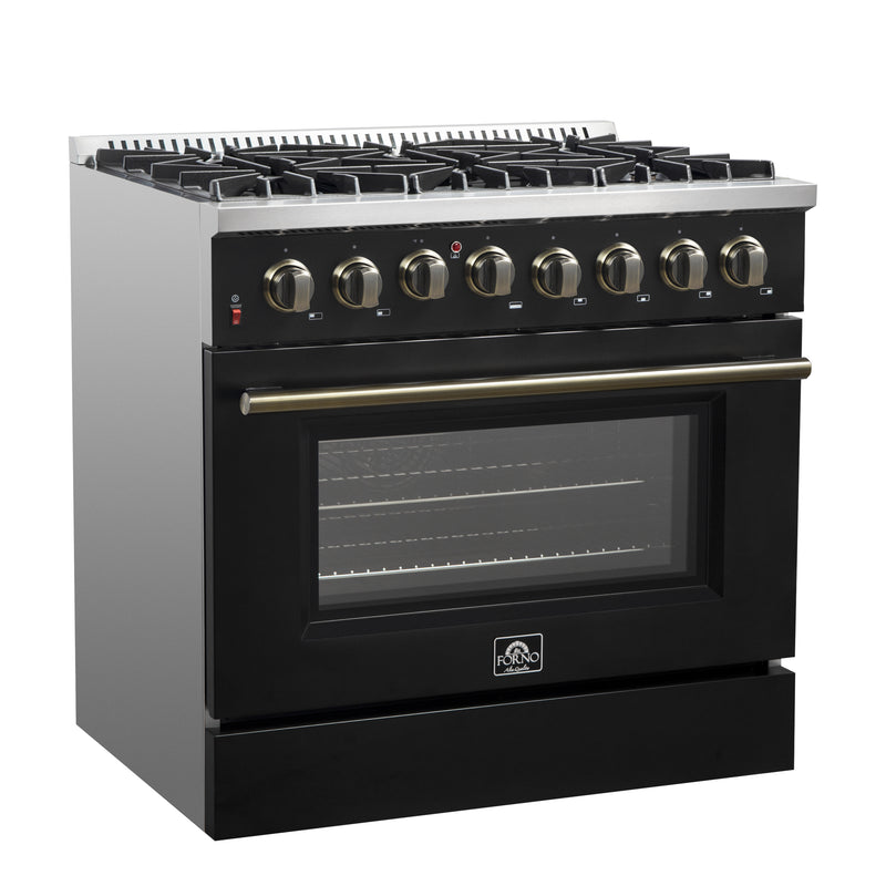 Load image into Gallery viewer, Forno Galiano 36-inch Dual Fuel Range in Black &amp; Antique Brass Design, 6 Sealed Burners 83,000 BTU, 5.36 cu.ft. True Convection Oven
