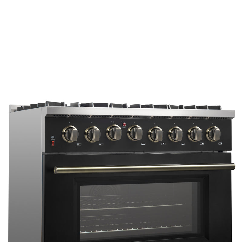 Load image into Gallery viewer, Forno Galiano 36-inch Dual Fuel Range in Black &amp; Antique Brass Design, 6 Sealed Burners 83,000 BTU, 5.36 cu.ft. True Convection Oven
