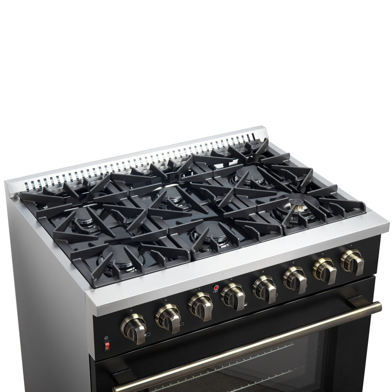 Load image into Gallery viewer, Forno Galiano 36-inch Dual Fuel Range in Black &amp; Antique Brass Design, 6 Sealed Burners 83,000 BTU, 5.36 cu.ft. True Convection Oven
