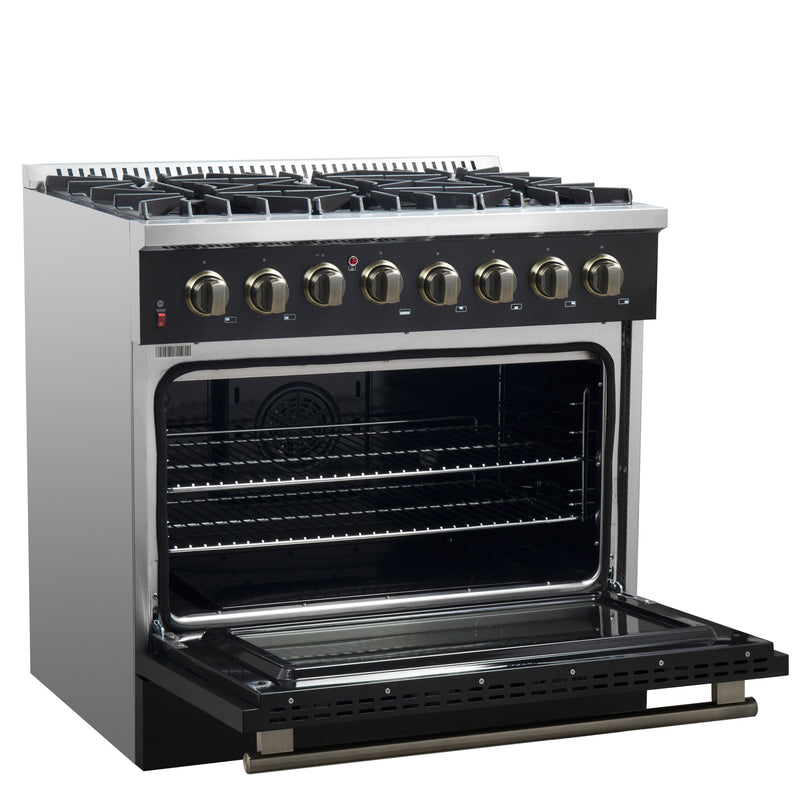Load image into Gallery viewer, Forno Galiano 36-inch Dual Fuel Range in Black &amp; Antique Brass Design, 6 Sealed Burners 83,000 BTU, 5.36 cu.ft. True Convection Oven
