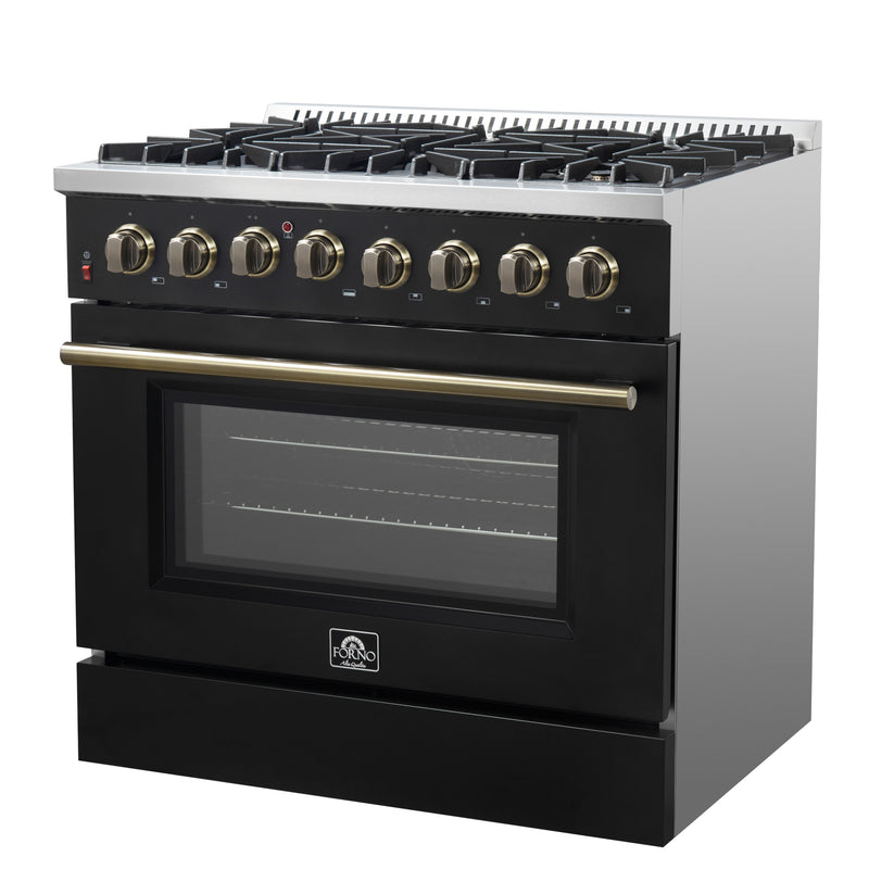 Load image into Gallery viewer, Forno Galiano 36-inch Dual Fuel Range in Black &amp; Antique Brass Design, 6 Sealed Burners 83,000 BTU, 5.36 cu.ft. True Convection Oven
