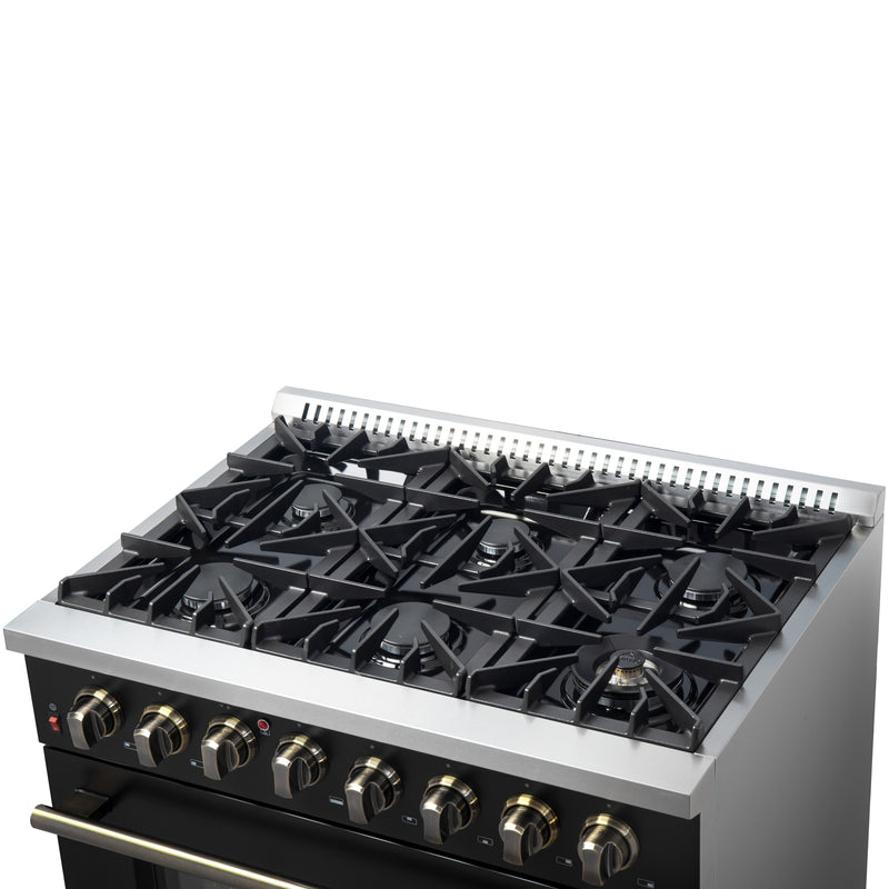 Load image into Gallery viewer, Forno Galiano 36-inch Dual Fuel Range in Black &amp; Antique Brass Design, 6 Sealed Burners 83,000 BTU, 5.36 cu.ft. True Convection Oven
