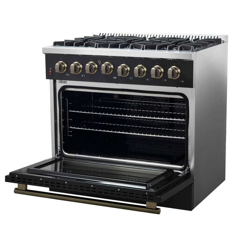 Load image into Gallery viewer, Forno Galiano 36-inch Dual Fuel Range in Black &amp; Antique Brass Design, 6 Sealed Burners 83,000 BTU, 5.36 cu.ft. True Convection Oven
