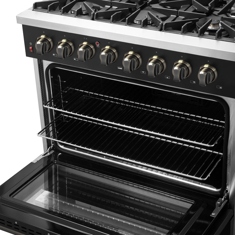 Load image into Gallery viewer, Forno Galiano 36-inch Dual Fuel Range in Black &amp; Antique Brass Design, 6 Sealed Burners 83,000 BTU, 5.36 cu.ft. True Convection Oven
