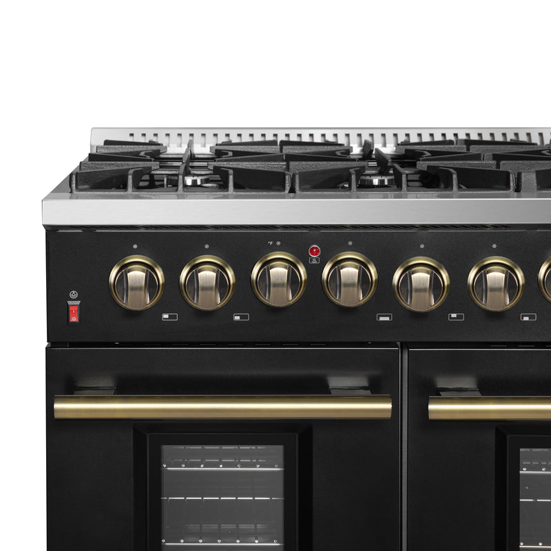 Load image into Gallery viewer, Galiano 48-inch Dual Fuel Range Black &amp; Antique Brass Design with 8 Sealed Burners 107,000 BTU, 6.58 cu. ft. double ovens &amp; Griddle
