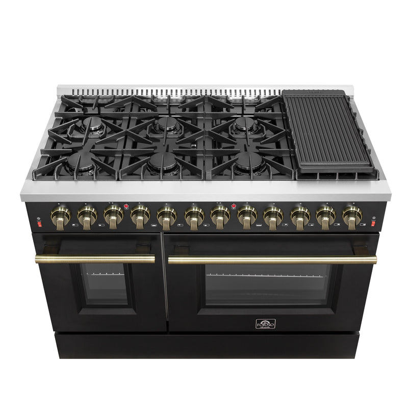 Load image into Gallery viewer, Galiano 48-inch Dual Fuel Range Black &amp; Antique Brass Design with 8 Sealed Burners 107,000 BTU, 6.58 cu. ft. double ovens &amp; Griddle
