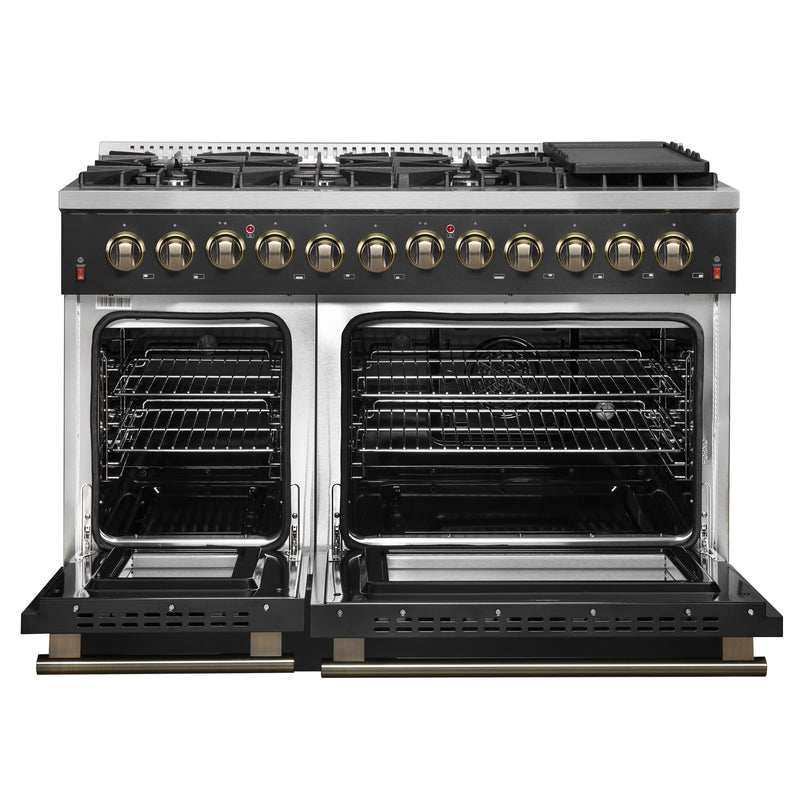 Load image into Gallery viewer, Galiano 48-inch Dual Fuel Range Black &amp; Antique Brass Design with 8 Sealed Burners 107,000 BTU, 6.58 cu. ft. double ovens &amp; Griddle

