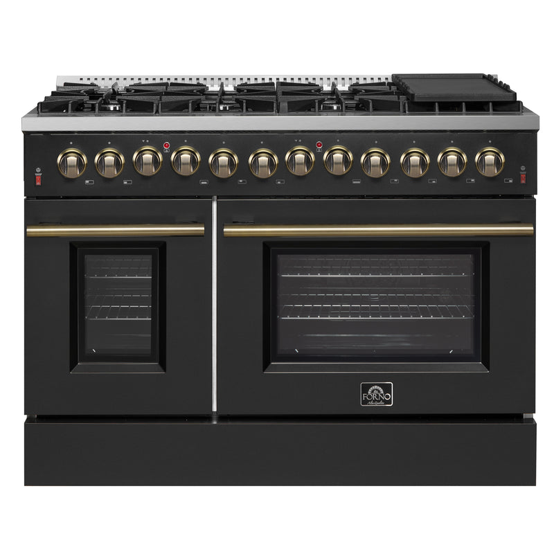 Load image into Gallery viewer, Galiano 48-inch Dual Fuel Range Black &amp; Antique Brass Design with 8 Sealed Burners 107,000 BTU, 6.58 cu. ft. double ovens &amp; Griddle
