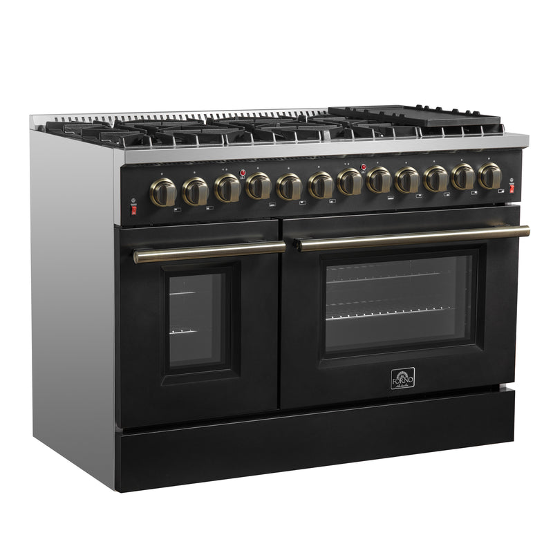 Load image into Gallery viewer, Galiano 48-inch Dual Fuel Range Black &amp; Antique Brass Design with 8 Sealed Burners 107,000 BTU, 6.58 cu. ft. double ovens &amp; Griddle
