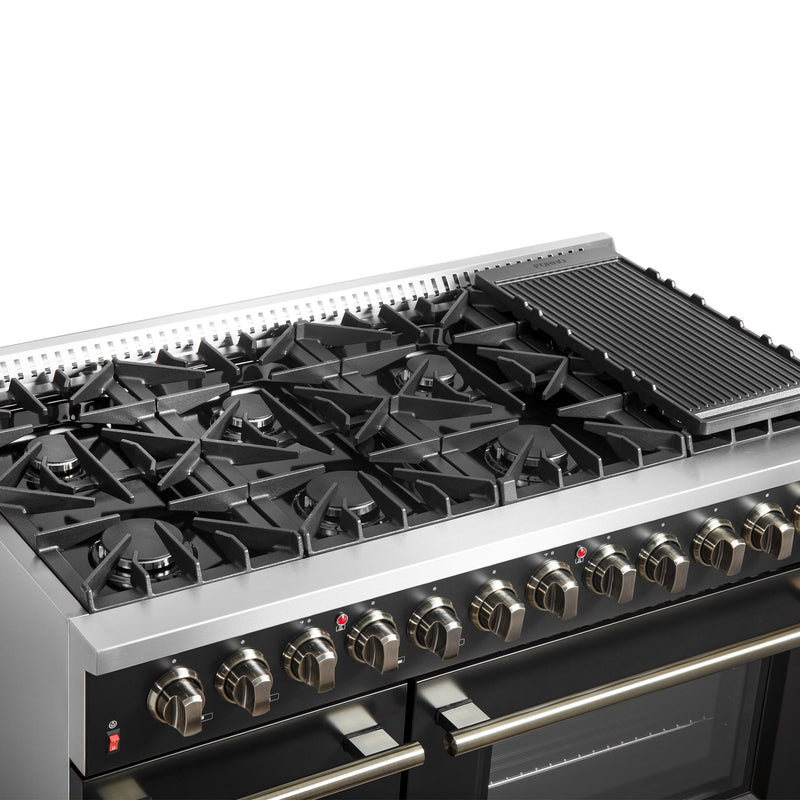 Load image into Gallery viewer, Galiano 48-inch Dual Fuel Range Black &amp; Antique Brass Design with 8 Sealed Burners 107,000 BTU, 6.58 cu. ft. double ovens &amp; Griddle
