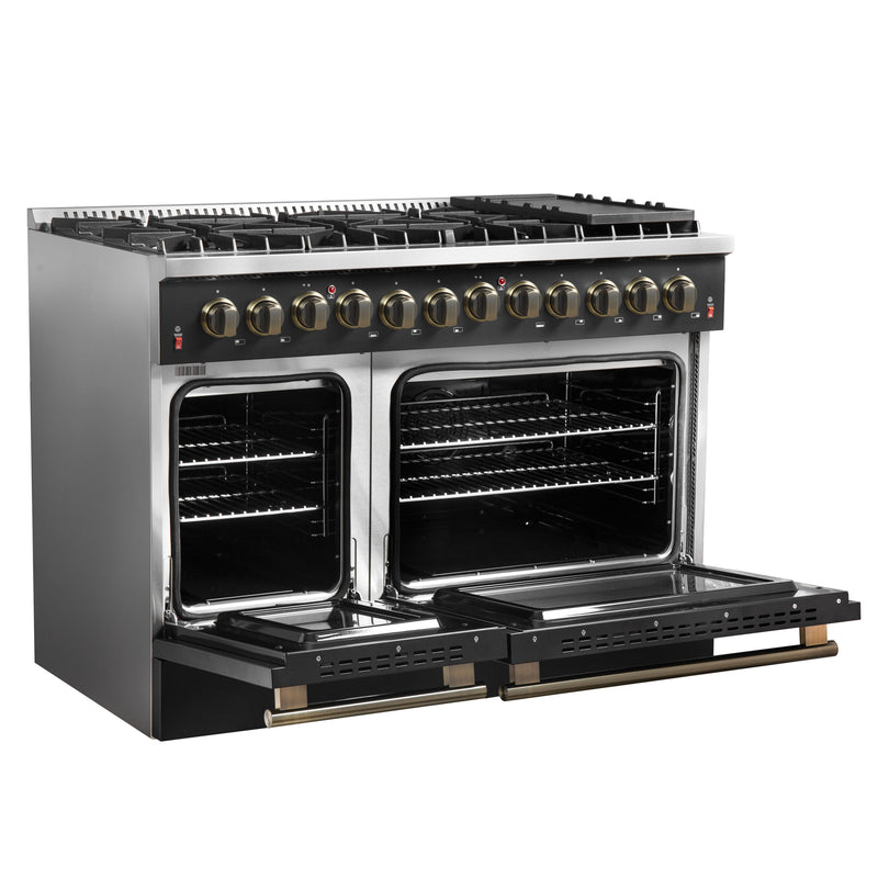 Load image into Gallery viewer, Galiano 48-inch Dual Fuel Range Black &amp; Antique Brass Design with 8 Sealed Burners 107,000 BTU, 6.58 cu. ft. double ovens &amp; Griddle
