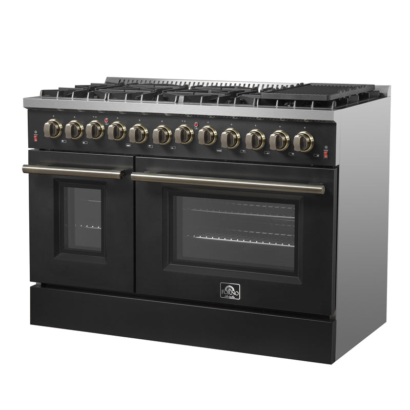 Load image into Gallery viewer, Galiano 48-inch Dual Fuel Range Black &amp; Antique Brass Design with 8 Sealed Burners 107,000 BTU, 6.58 cu. ft. double ovens &amp; Griddle
