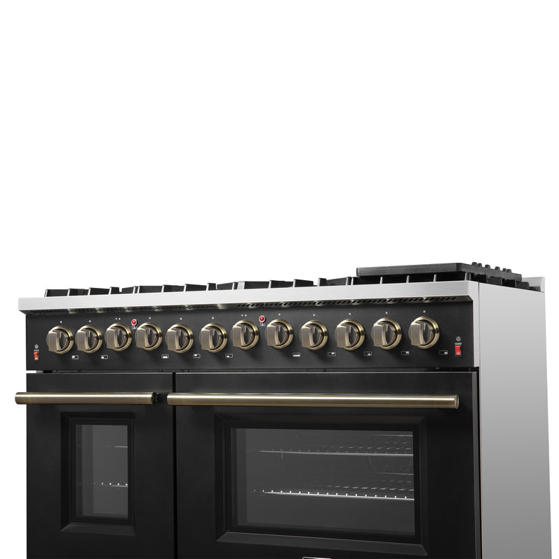 Load image into Gallery viewer, Galiano 48-inch Dual Fuel Range Black &amp; Antique Brass Design with 8 Sealed Burners 107,000 BTU, 6.58 cu. ft. double ovens &amp; Griddle
