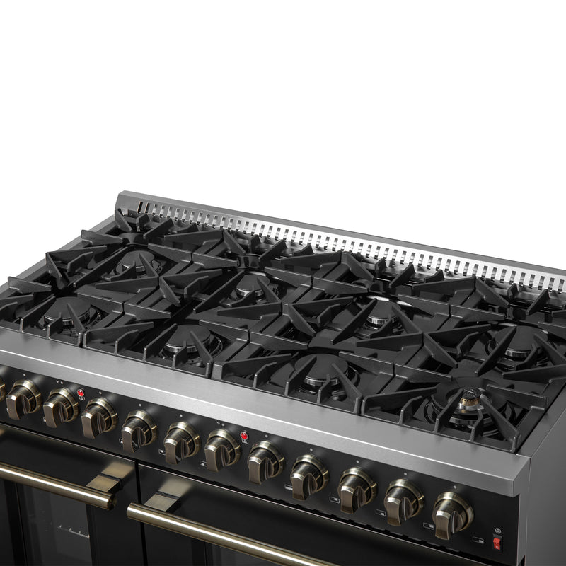 Load image into Gallery viewer, Galiano 48-inch Dual Fuel Range Black &amp; Antique Brass Design with 8 Sealed Burners 107,000 BTU, 6.58 cu. ft. double ovens &amp; Griddle
