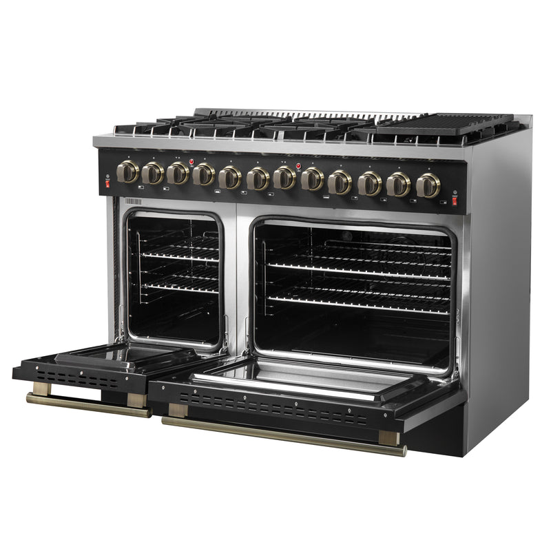 Load image into Gallery viewer, Galiano 48-inch Dual Fuel Range Black &amp; Antique Brass Design with 8 Sealed Burners 107,000 BTU, 6.58 cu. ft. double ovens &amp; Griddle
