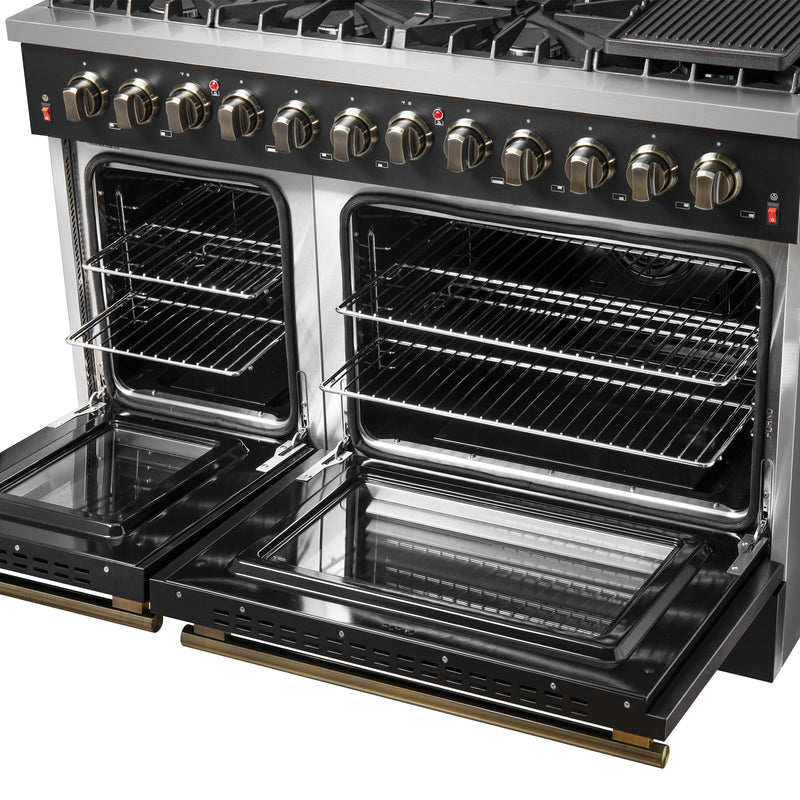 Load image into Gallery viewer, Galiano 48-inch Dual Fuel Range Black &amp; Antique Brass Design with 8 Sealed Burners 107,000 BTU, 6.58 cu. ft. double ovens &amp; Griddle
