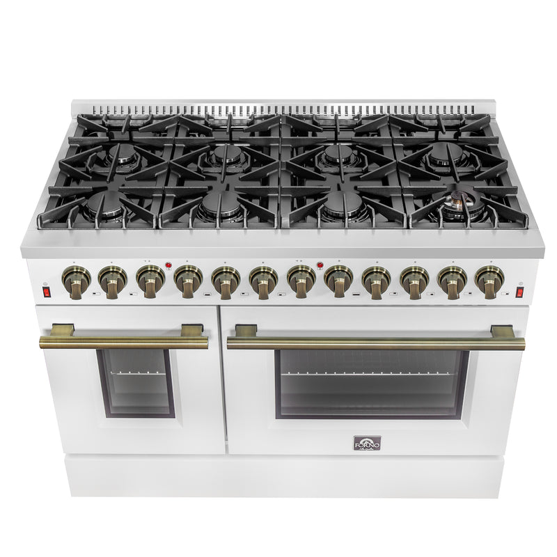 Load image into Gallery viewer, Galiano 48-inch Dual Fuel Range White &amp; Antique Brass Design with 8 Sealed Burners 107,000 BTU, 6.58 cu. ft. double ovens &amp; Griddle
