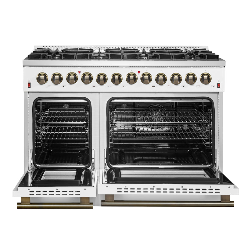 Load image into Gallery viewer, Galiano 48-inch Dual Fuel Range White &amp; Antique Brass Design with 8 Sealed Burners 107,000 BTU, 6.58 cu. ft. double ovens &amp; Griddle
