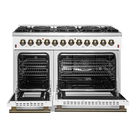 Galiano 48-inch Dual Fuel Range White & Antique Brass Design with 8 Sealed Burners 107,000 BTU, 6.58 cu. ft. double ovens & Griddle