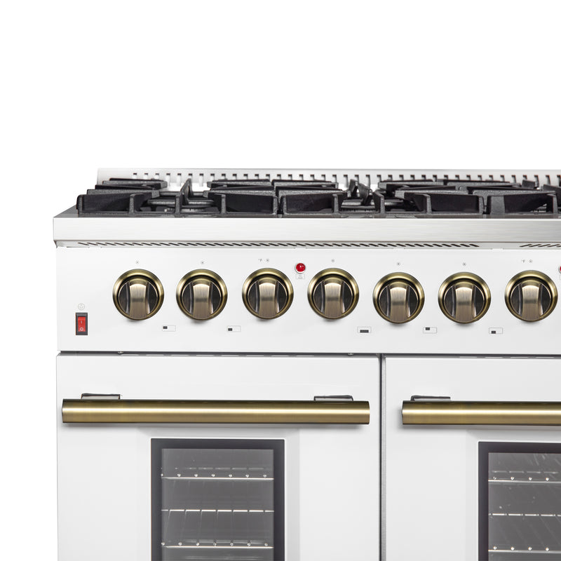 Load image into Gallery viewer, Galiano 48-inch Dual Fuel Range White &amp; Antique Brass Design with 8 Sealed Burners 107,000 BTU, 6.58 cu. ft. double ovens &amp; Griddle
