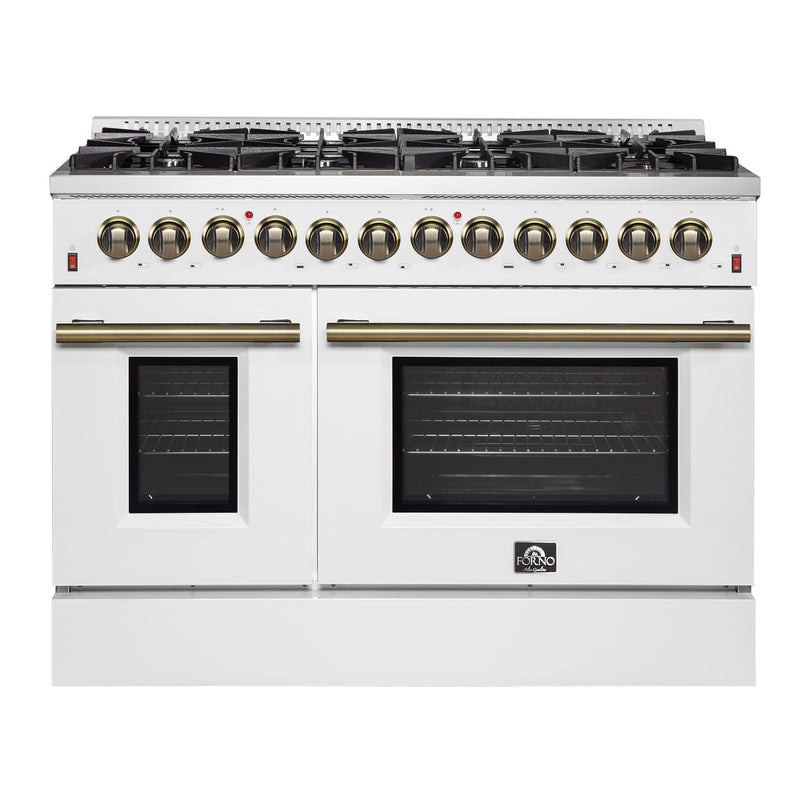 Load image into Gallery viewer, Galiano 48-inch Dual Fuel Range White &amp; Antique Brass Design with 8 Sealed Burners 107,000 BTU, 6.58 cu. ft. double ovens &amp; Griddle
