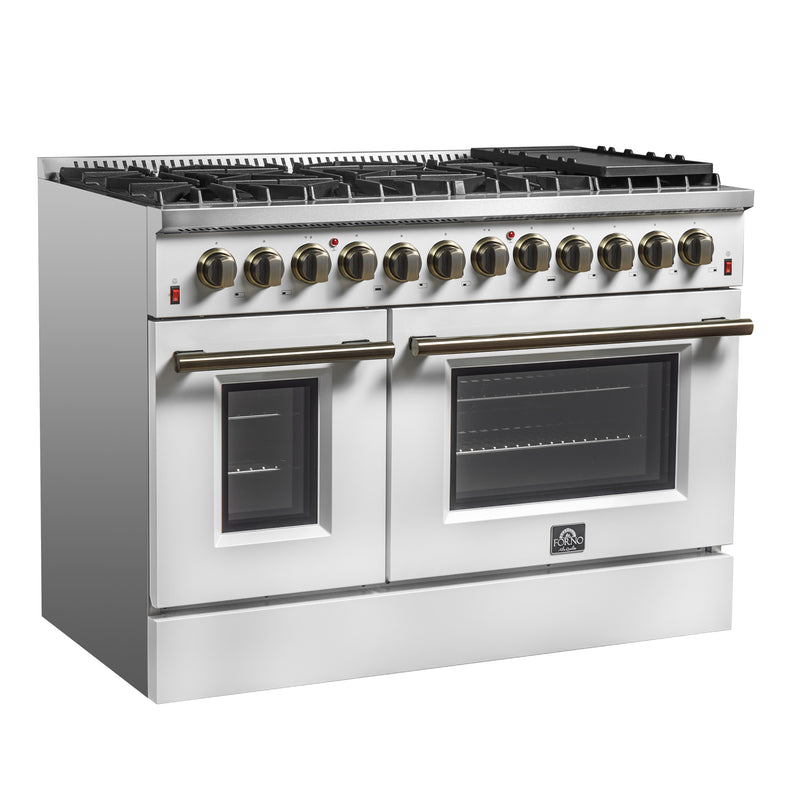 Load image into Gallery viewer, Galiano 48-inch Dual Fuel Range White &amp; Antique Brass Design with 8 Sealed Burners 107,000 BTU, 6.58 cu. ft. double ovens &amp; Griddle
