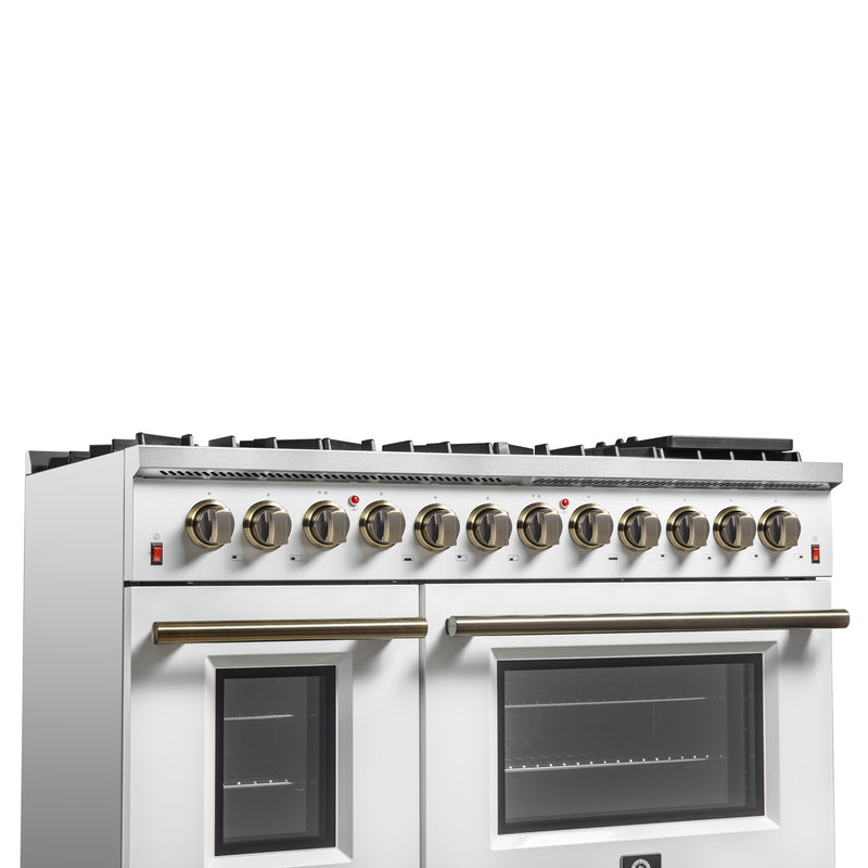 Load image into Gallery viewer, Galiano 48-inch Dual Fuel Range White &amp; Antique Brass Design with 8 Sealed Burners 107,000 BTU, 6.58 cu. ft. double ovens &amp; Griddle
