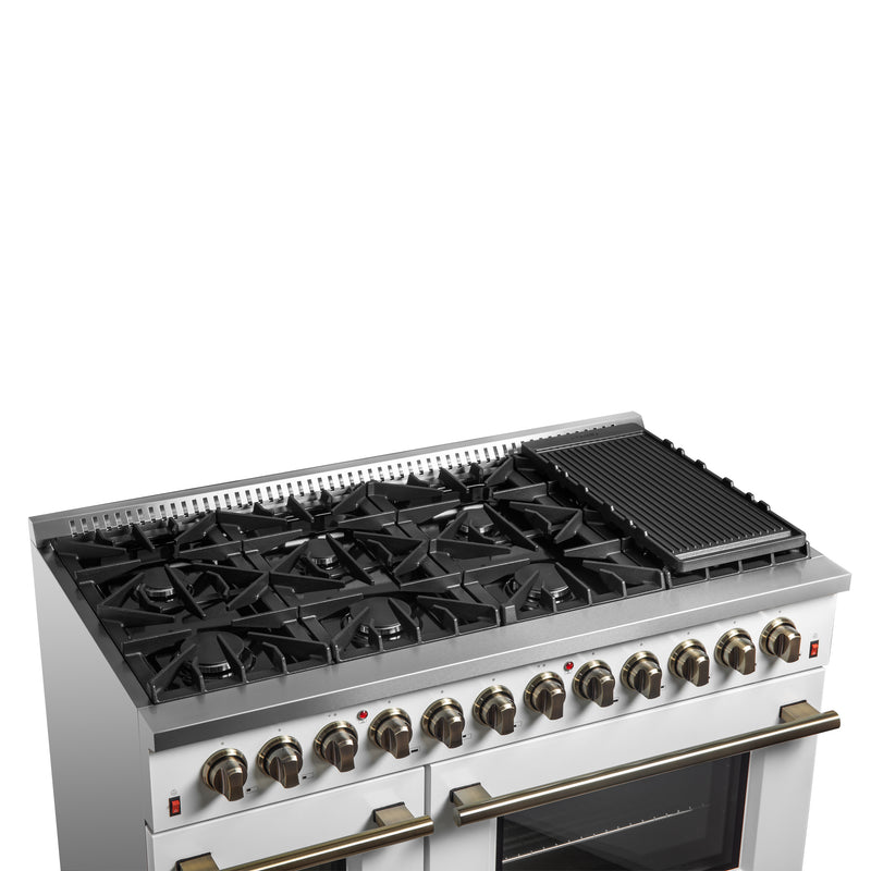 Load image into Gallery viewer, Galiano 48-inch Dual Fuel Range White &amp; Antique Brass Design with 8 Sealed Burners 107,000 BTU, 6.58 cu. ft. double ovens &amp; Griddle
