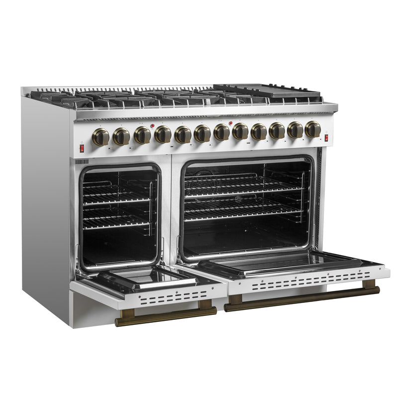 Load image into Gallery viewer, Galiano 48-inch Dual Fuel Range White &amp; Antique Brass Design with 8 Sealed Burners 107,000 BTU, 6.58 cu. ft. double ovens &amp; Griddle

