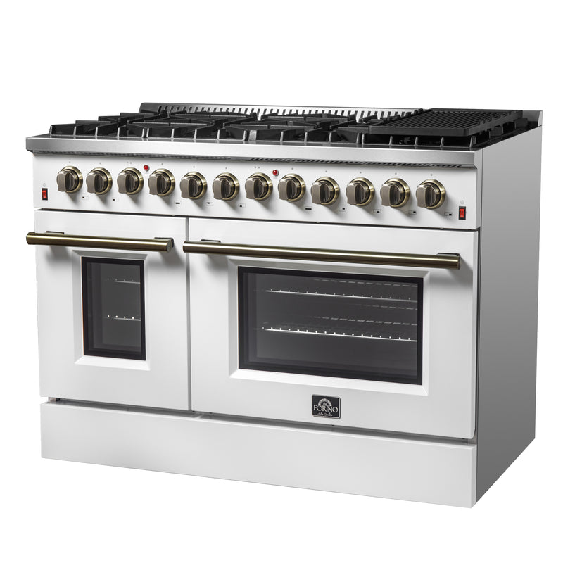 Load image into Gallery viewer, Galiano 48-inch Dual Fuel Range White &amp; Antique Brass Design with 8 Sealed Burners 107,000 BTU, 6.58 cu. ft. double ovens &amp; Griddle
