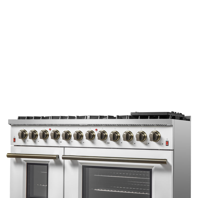 Load image into Gallery viewer, Galiano 48-inch Dual Fuel Range White &amp; Antique Brass Design with 8 Sealed Burners 107,000 BTU, 6.58 cu. ft. double ovens &amp; Griddle
