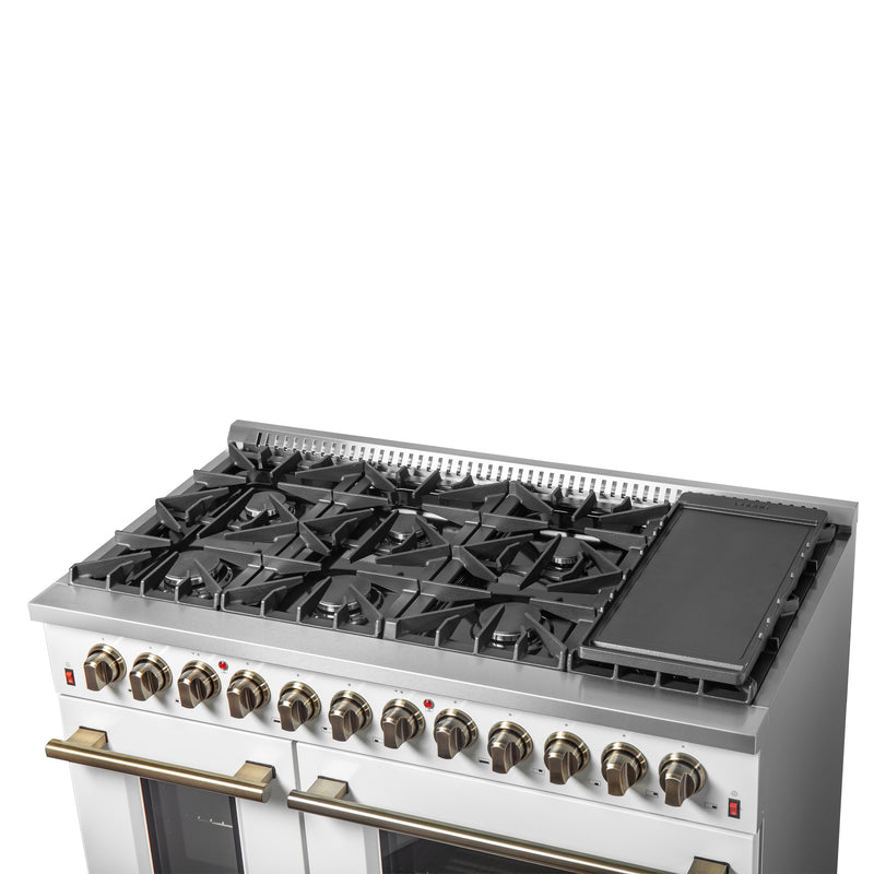 Load image into Gallery viewer, Galiano 48-inch Dual Fuel Range White &amp; Antique Brass Design with 8 Sealed Burners 107,000 BTU, 6.58 cu. ft. double ovens &amp; Griddle
