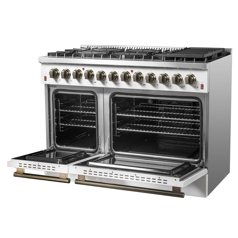 Load image into Gallery viewer, Galiano 48-inch Dual Fuel Range White &amp; Antique Brass Design with 8 Sealed Burners 107,000 BTU, 6.58 cu. ft. double ovens &amp; Griddle
