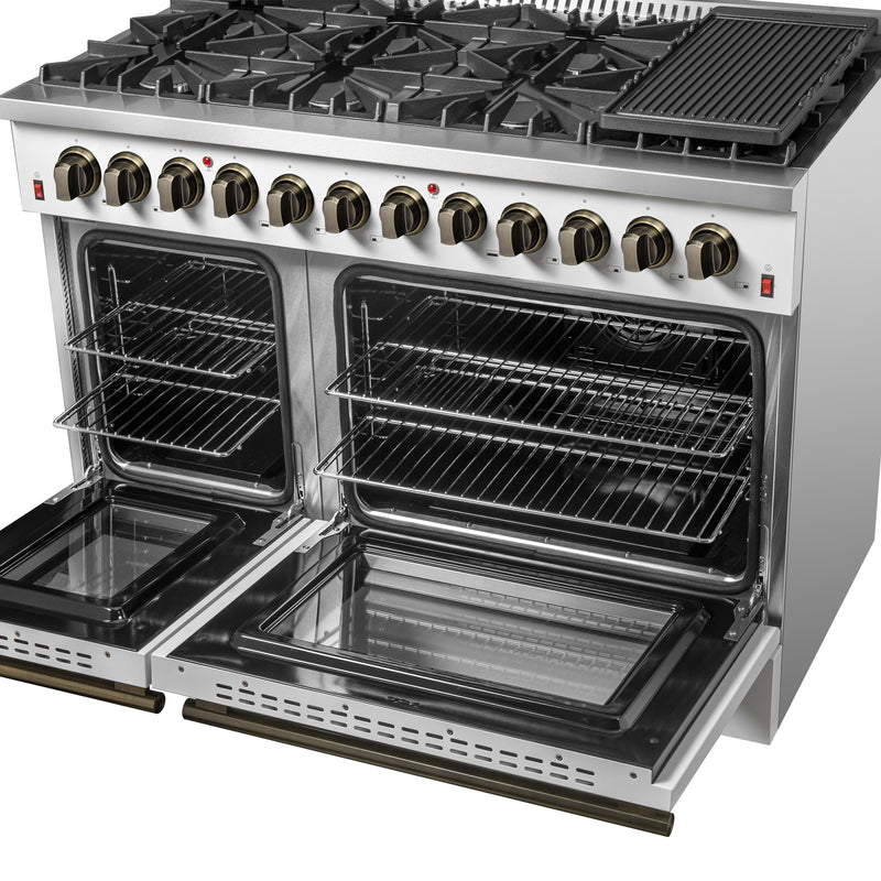 Load image into Gallery viewer, Galiano 48-inch Dual Fuel Range White &amp; Antique Brass Design with 8 Sealed Burners 107,000 BTU, 6.58 cu. ft. double ovens &amp; Griddle
